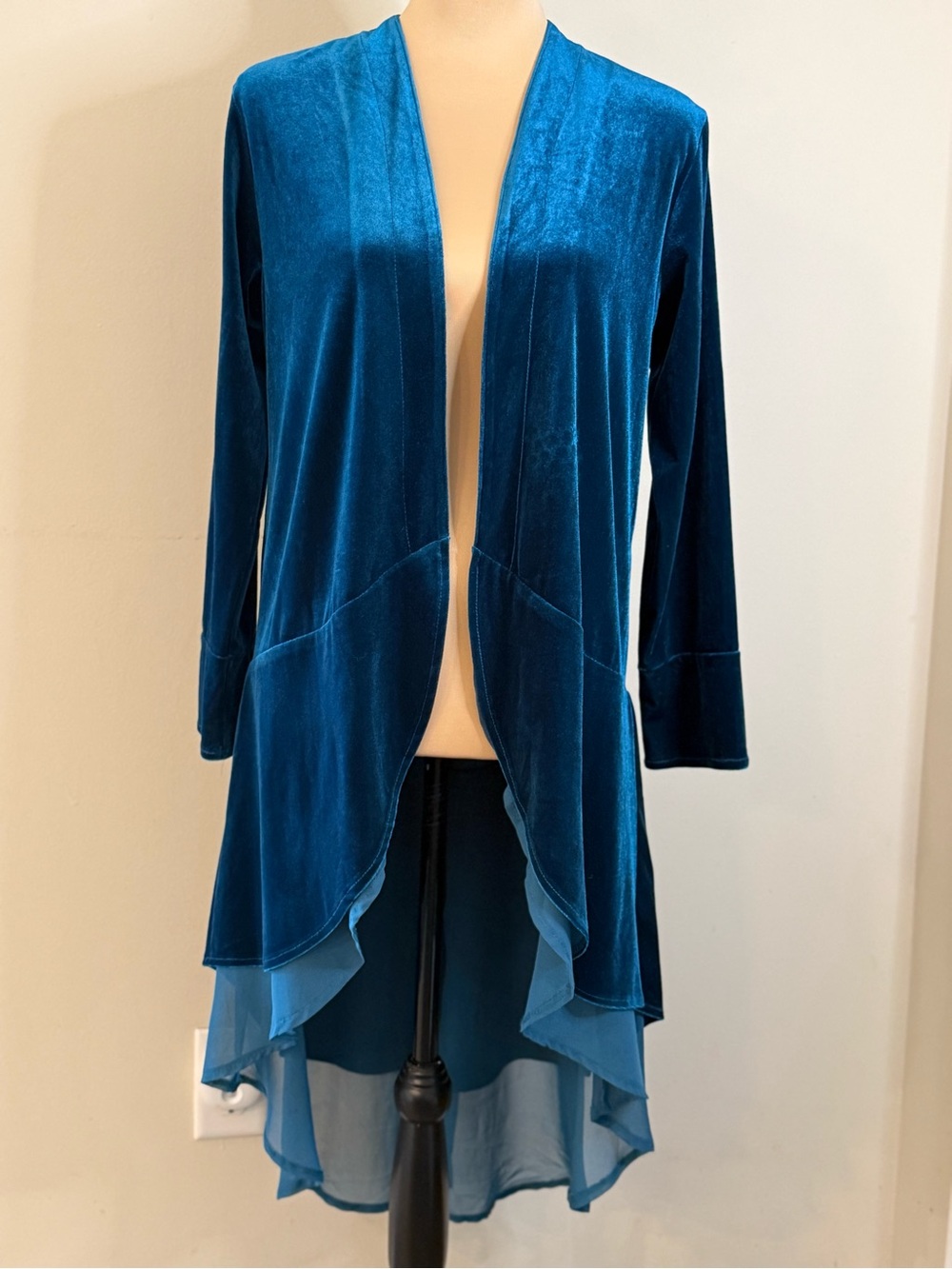 R. Vivimos teal velvet longline cardigan semi sheer teal trim SZ SM 4/6